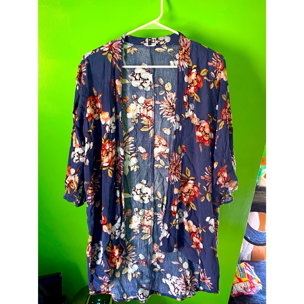 Pink Clover Navy Floral Kimono Cardigan with Cream and Rust Flowers